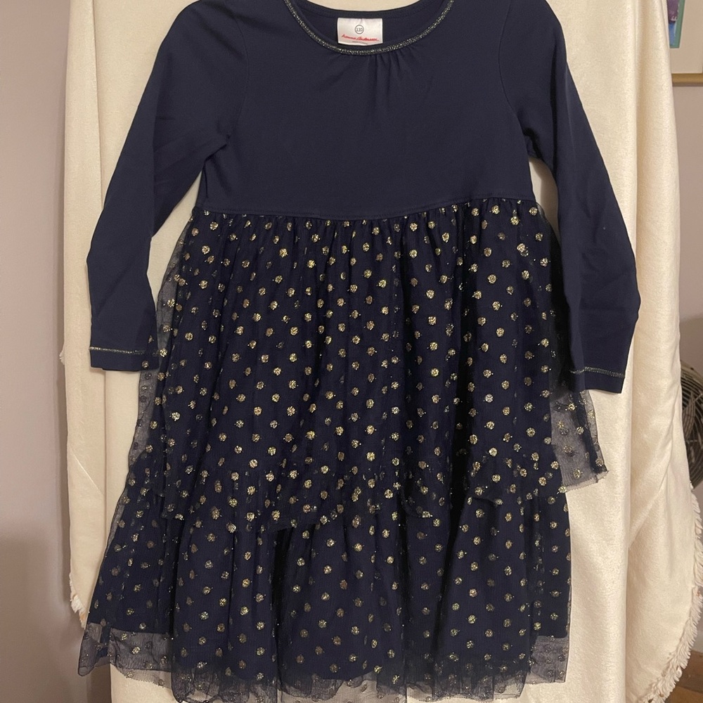 Hanna Andersson Girls Navy Gold Polka Dot Dress Size 110